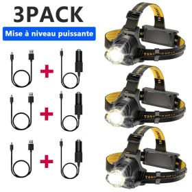 LED Headlamp Rechargeable Head Torch Zoom Headlight Lamp Powerful Flashlight Fishling Driving Camping Light With 3 Modes Work Light (Option: 3PACK)