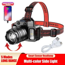 LED Telescopic Headlamp Head Torch USB Rechargeable Motion Sensor Headlight Zoomable 5 Modes Emergency Power Bank For Camping (Option: Black)